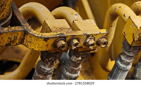 Close-up of excavator undercarriage and hydraulic components